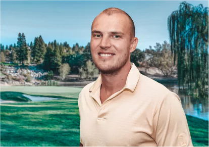 HairClub - Define Hairlines - a guy wearing a polo shirt is on a golf course looking directly into the camera, showing how his successful HairClub RestorInk procedure helped define his hairline.